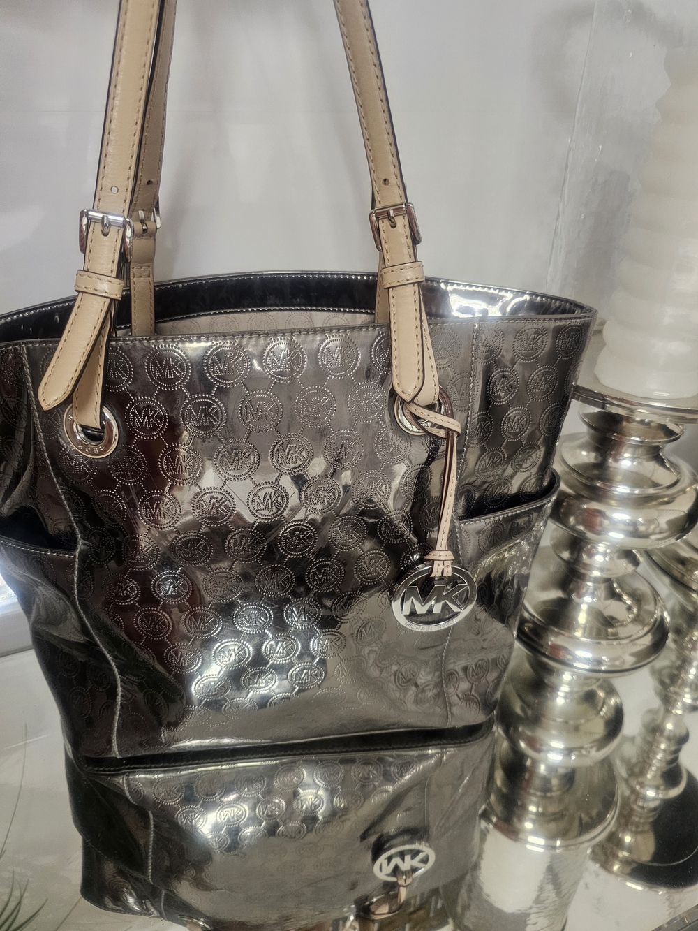 Michael Kors Metallic Silver Tote Bag with Nude Handles